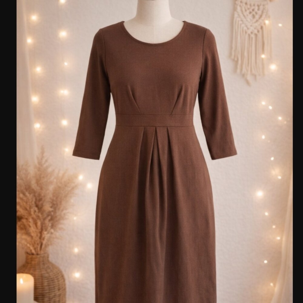 La Clef Brown Pleated Midi Dress M Modest Officecore Quiet Luxury Minimalist